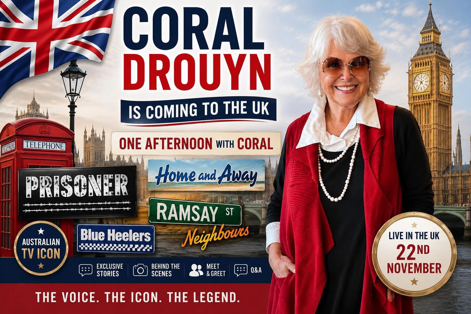 Promotional poster for Coral Drouyn's appearance in the UK, featuring Big Ben and British flags.