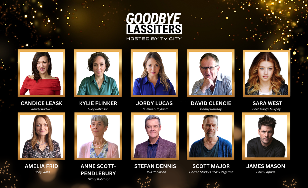 Promotional graphic for 'Goodbye Lassiters' hosted by TV City, featuring headshots of ten cast members on a black background with gold glitter accents. The cast members are Candice Leask, Kylie Flinker, Jordy Lucas, David Clenie, Sara West, Amelia Frid, Anne Scott-Pendleybury, Stefan Dennis, Scott Major, and James Mason.