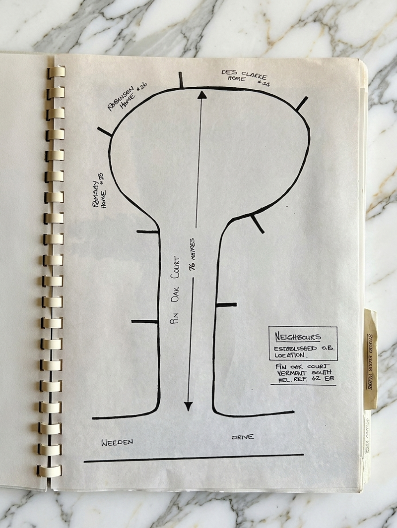Notebook with a hand-drawn map on a marble surface