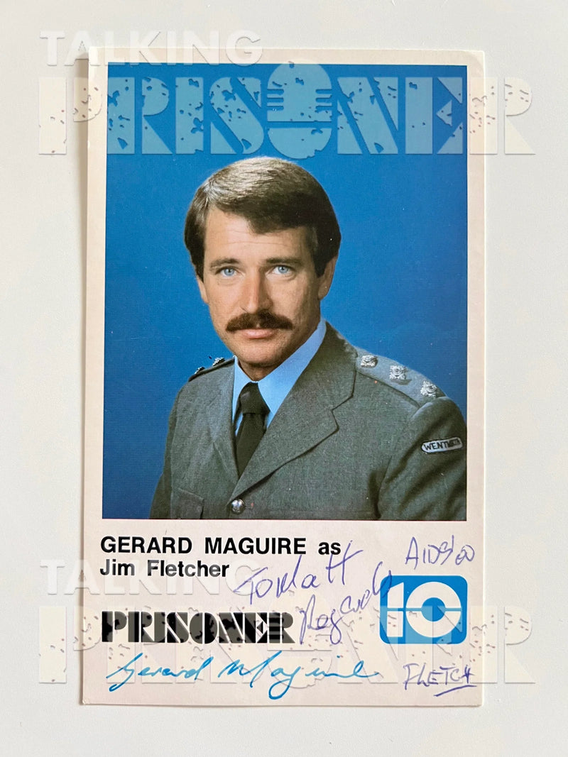 Vintage-style promotional card for 'Prisoner' featuring Gerard Maguire as Jim Fletcher