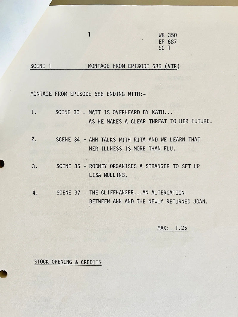 Script outline for a television episode with scene descriptions and timestamps.