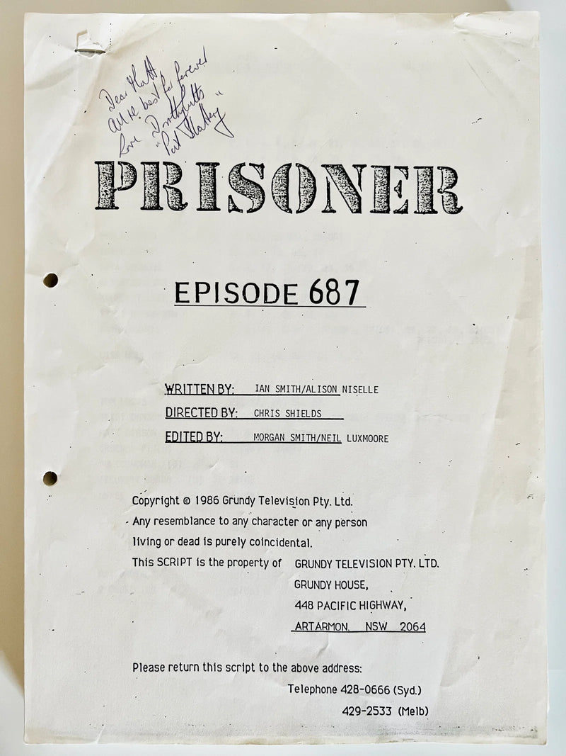Script cover for 'Prisoner' episode 687 with contact information on a beige background