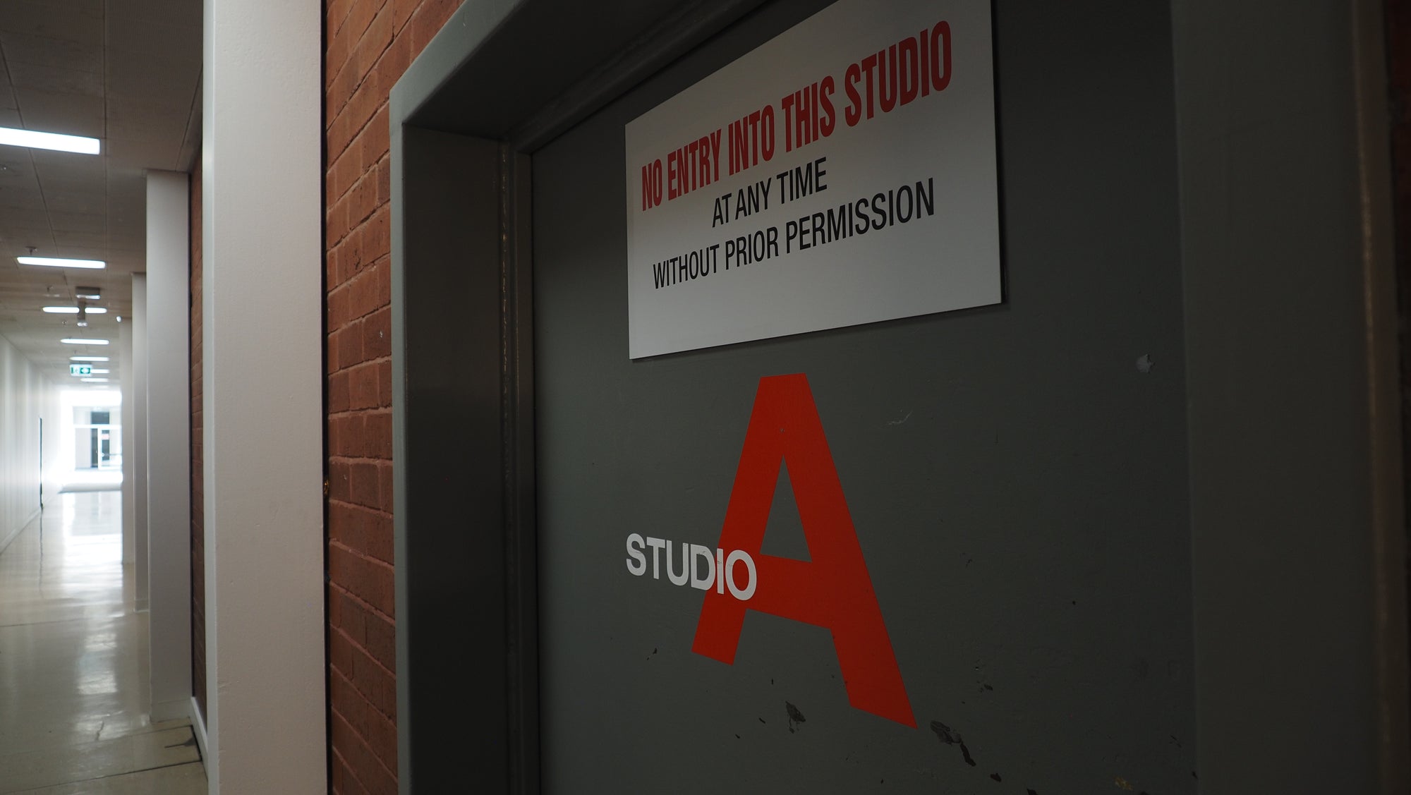 Entrance to Studio A with a sign indicating no entry without permission.