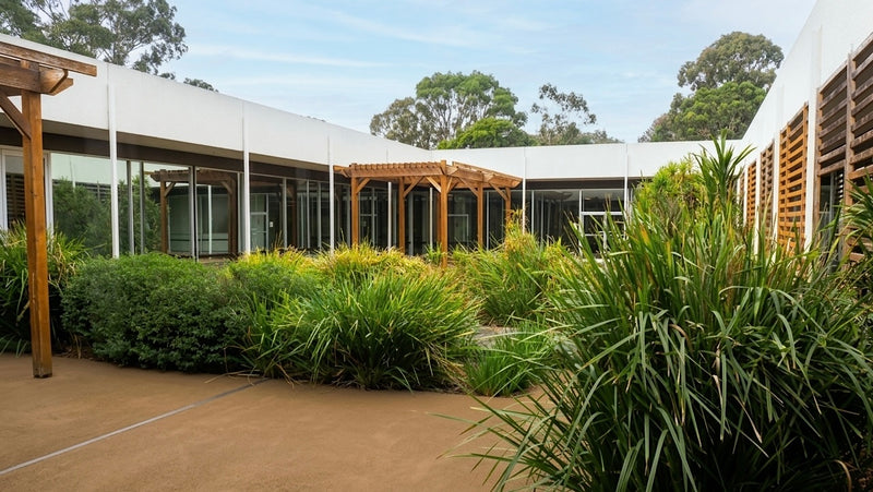 Open courtyard with greenery on a clear day